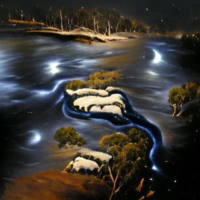 Snowy River at Night in Oil Painting Style