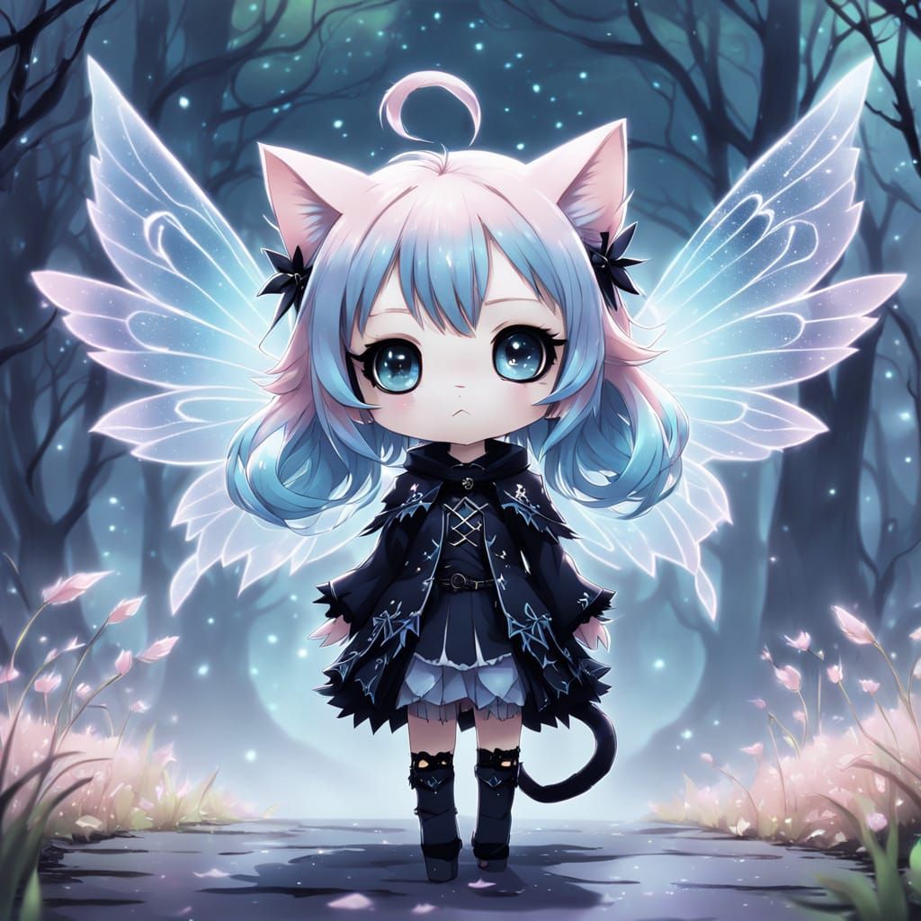 Goth Cat Fairy in Chibi Anime Style
