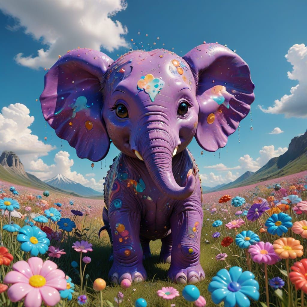 Psychedelic Chibi Elephant in Candyland Meadow