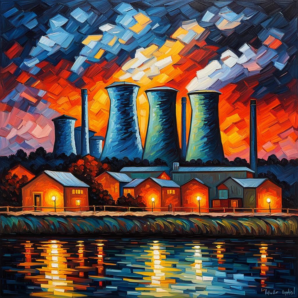 Powerplant by Night: Expressionist Oil Painting