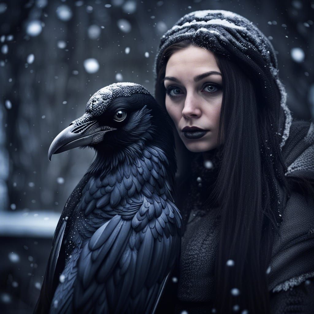 Gothic Raven Portrait in Snow