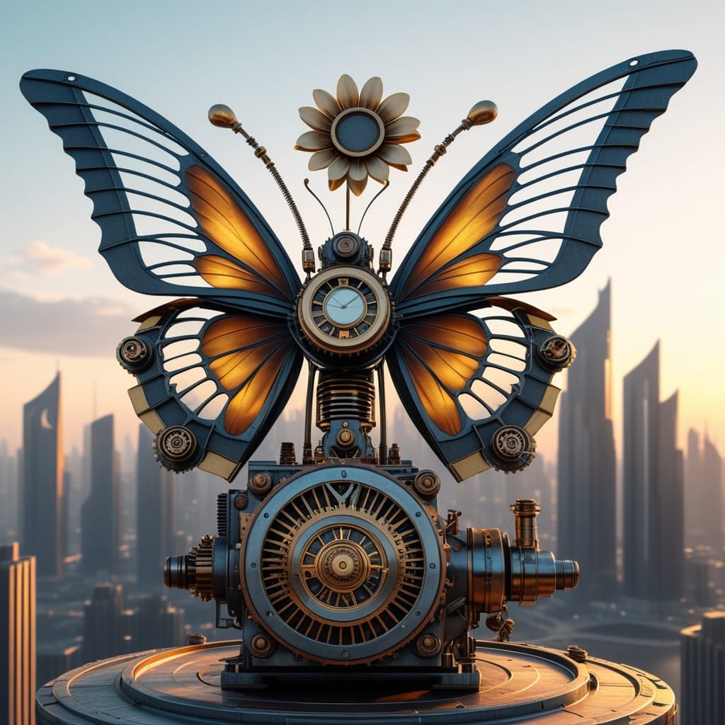 Futuristic Cityscape at Dawn with Metallic Butterfly