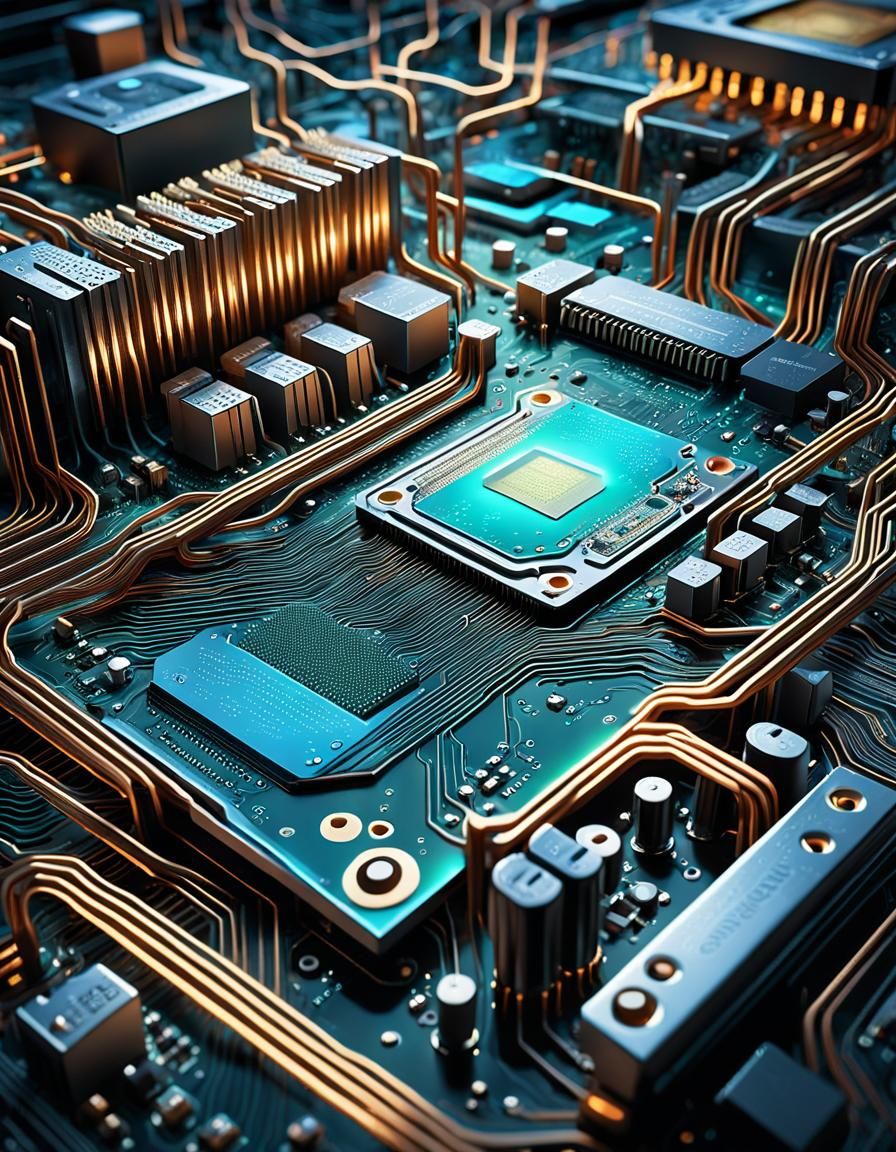 Hyperrealistic Motherboard with Flowing Data Streams