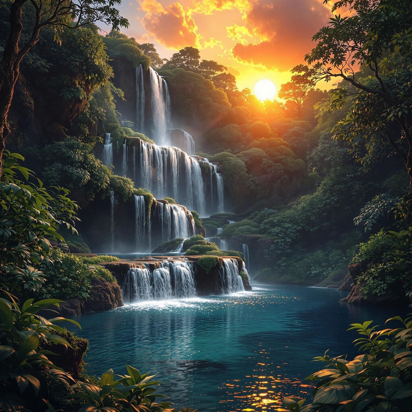 Ethereal Sunset Cascades into Jungle Lagoon in Photorealisti...