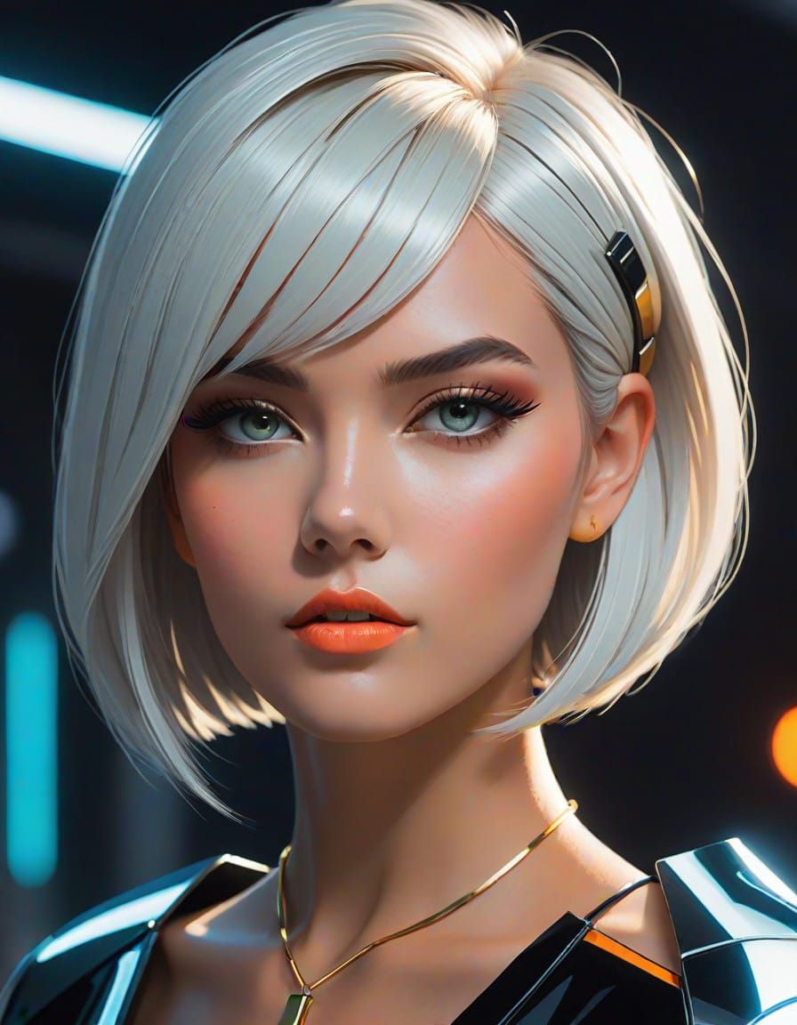 Confident Woman with Edgy Asymmetrical Bob and Metallic Acce...