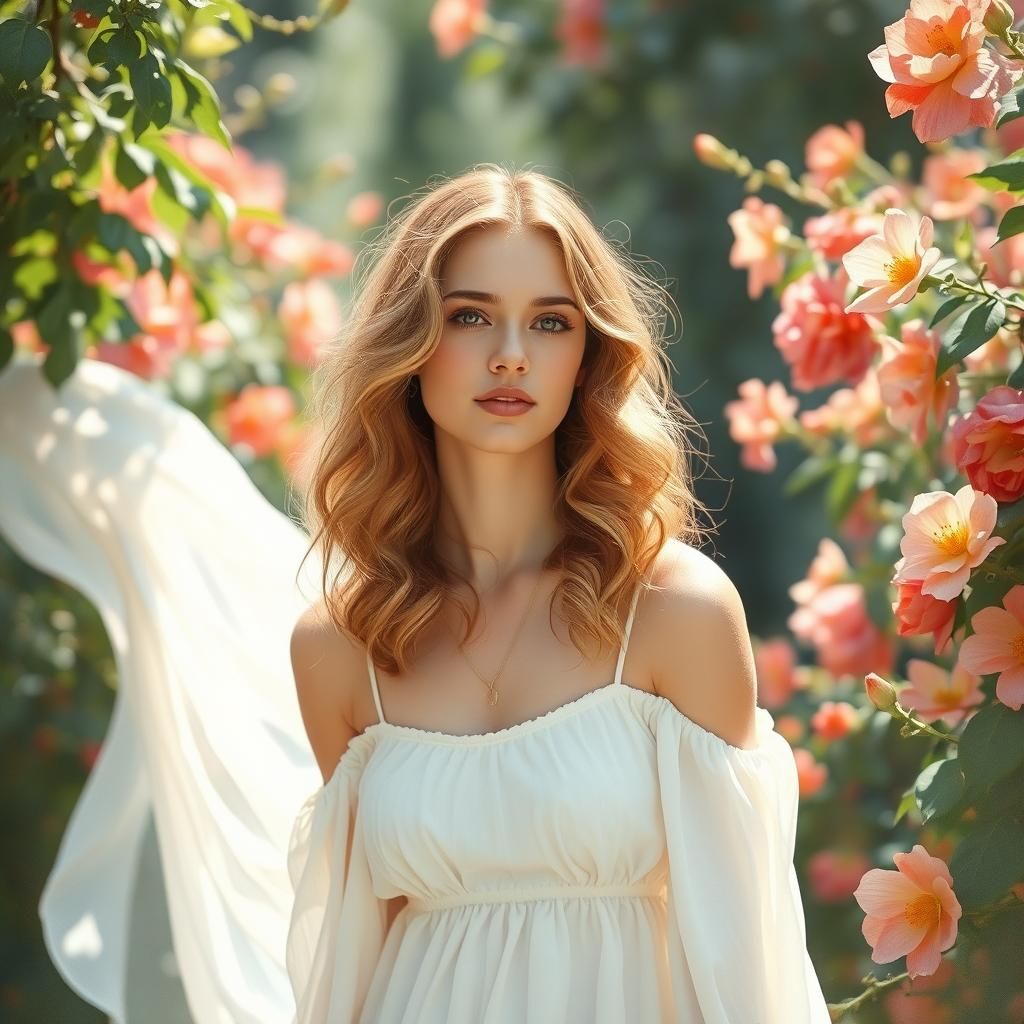 Ethereal Woman in Garden, Watercolor Style