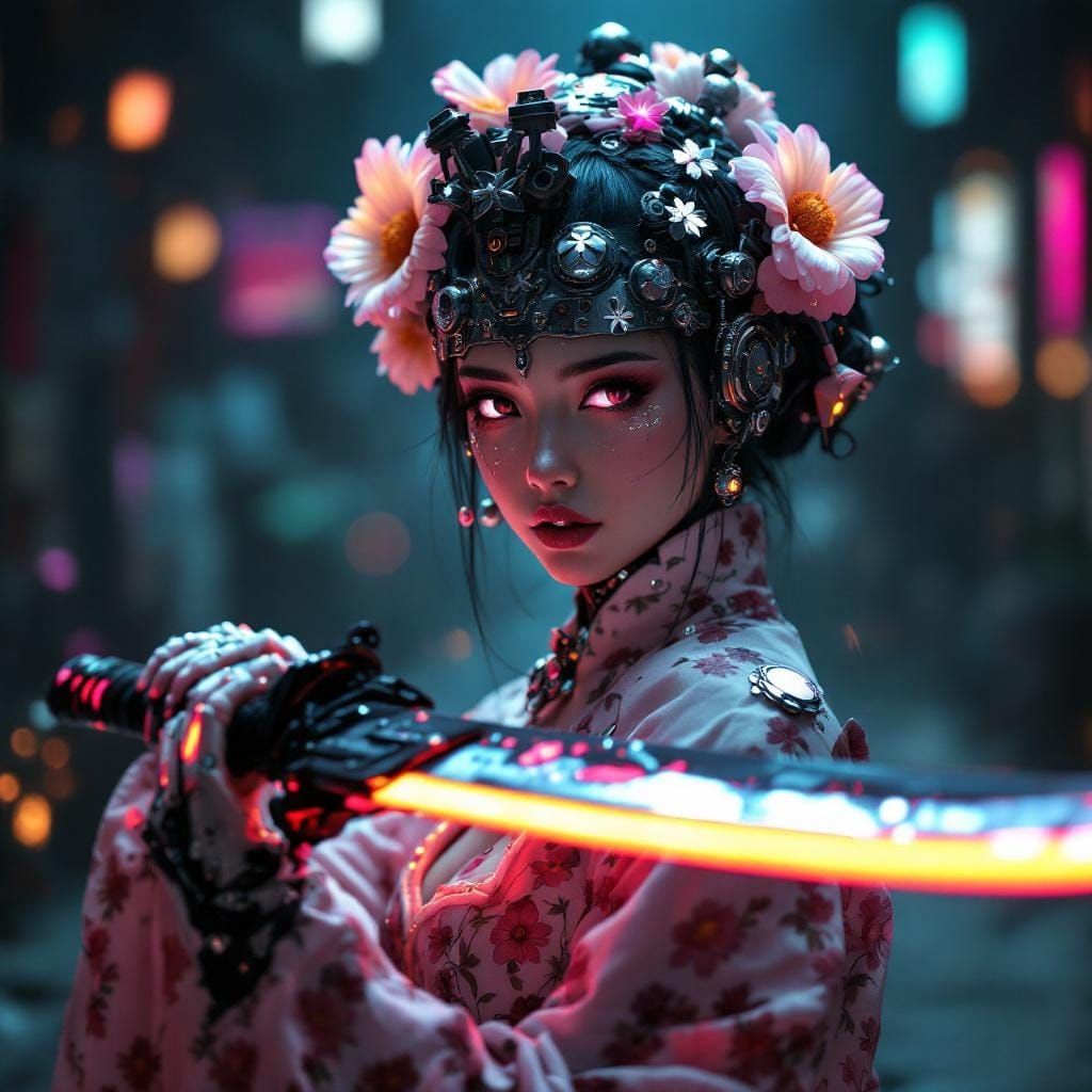 Cyborg Flower-Drum Girl with Neon Katana