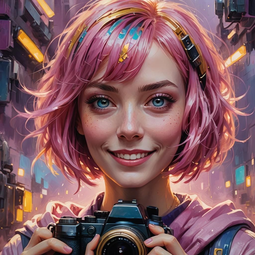 Fantasy Portrait of Girl with Camera in Oil Painting Style