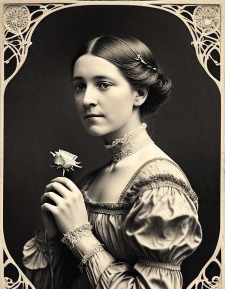 Art Nouveau Portrait of Woman Holding Rose
