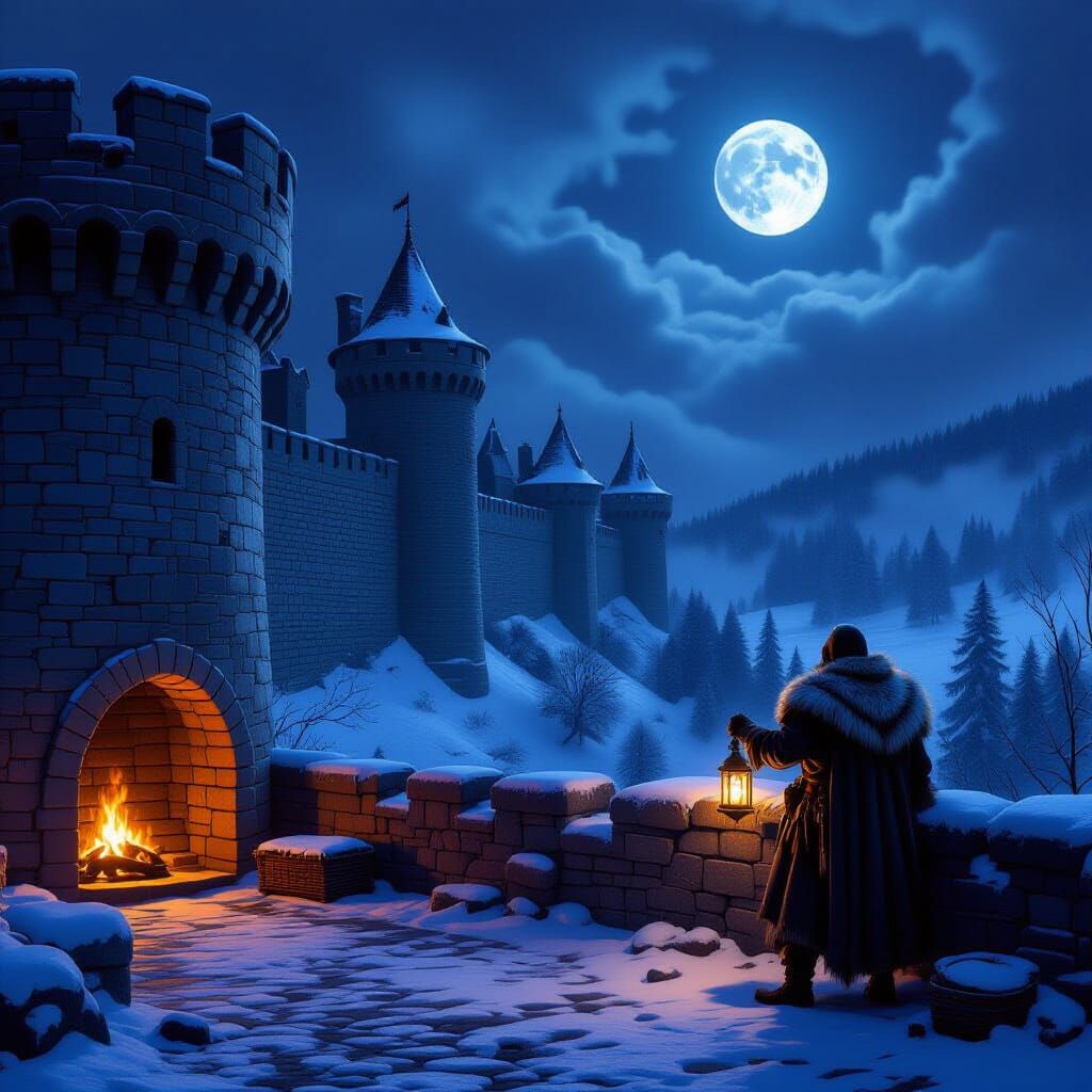 Medieval Castle Wall at Night with Watchman and Lantern