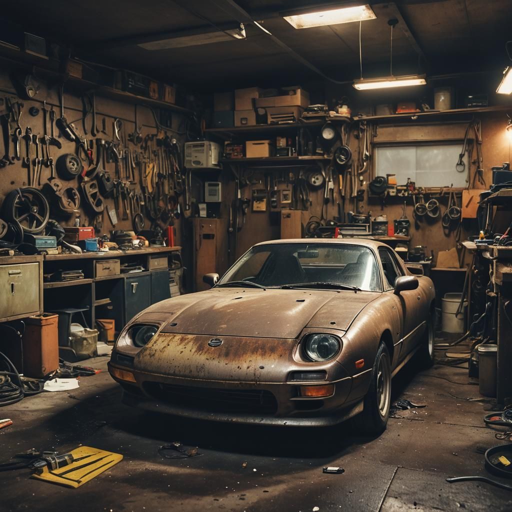 Rusted Mazda RX-7 in Moody Garage, Cinematic Film Still