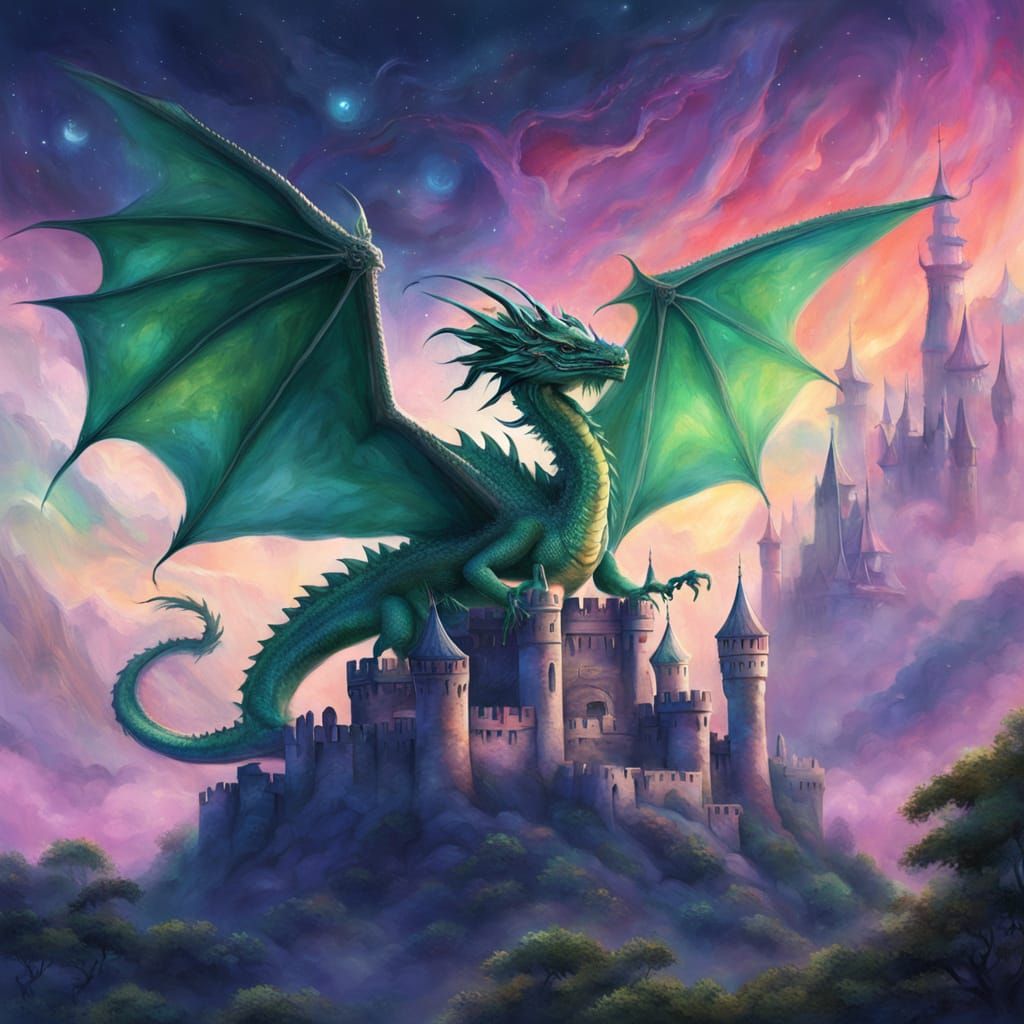 Green Dragon Flying Over Cosmic Castle
