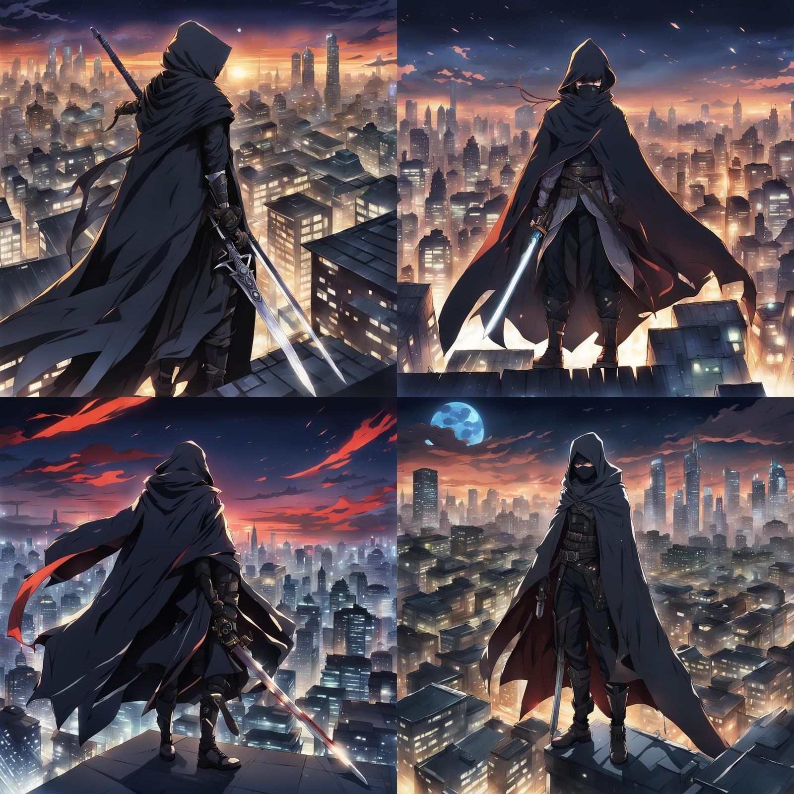 Cyberpunk Assassin on Rooftop in Anime Art Style