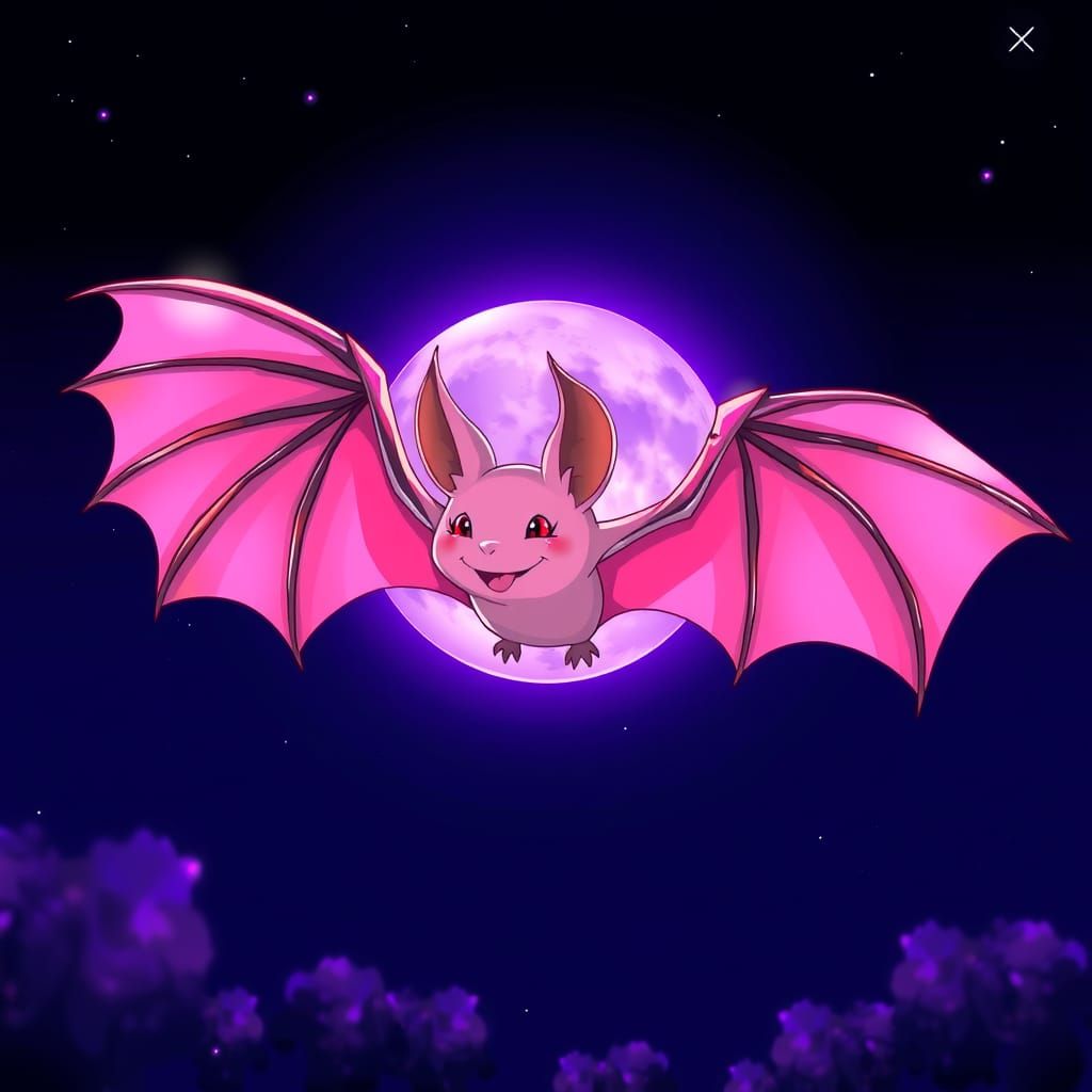 Pink Bat Soaring Before the Moon, Anime Style