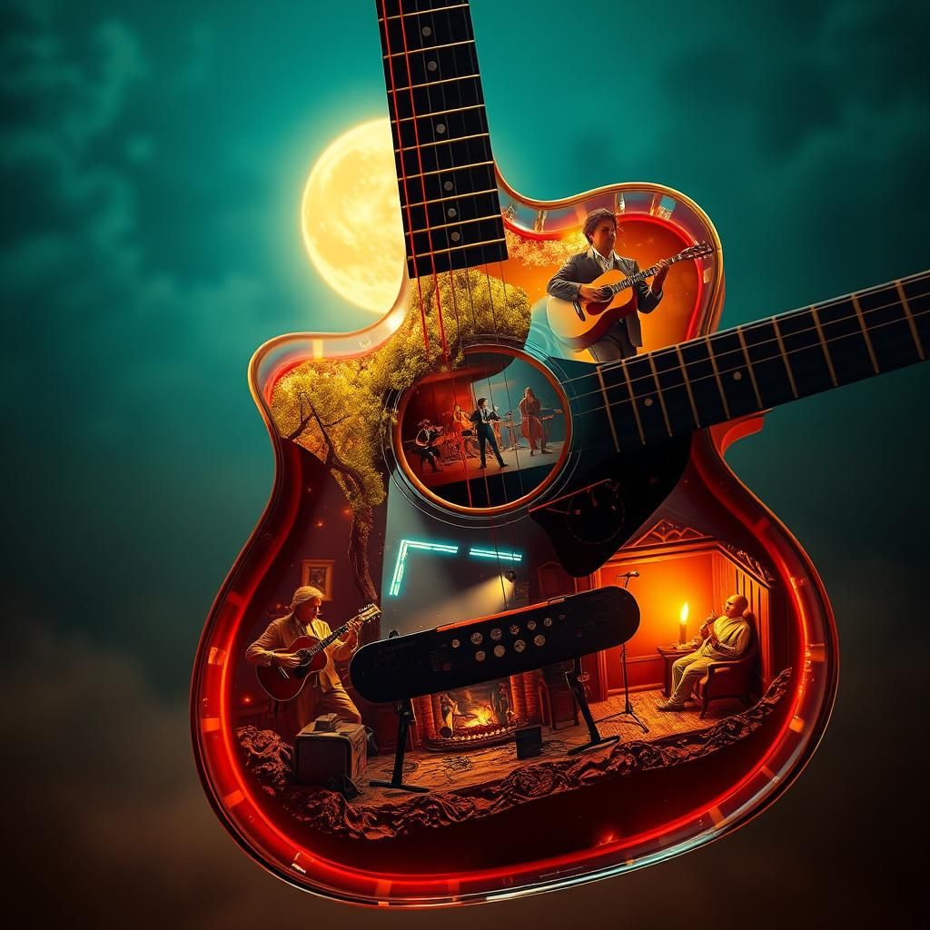 Enchanted Acoustic Guitar: Surreal Digital Art Masterpiece