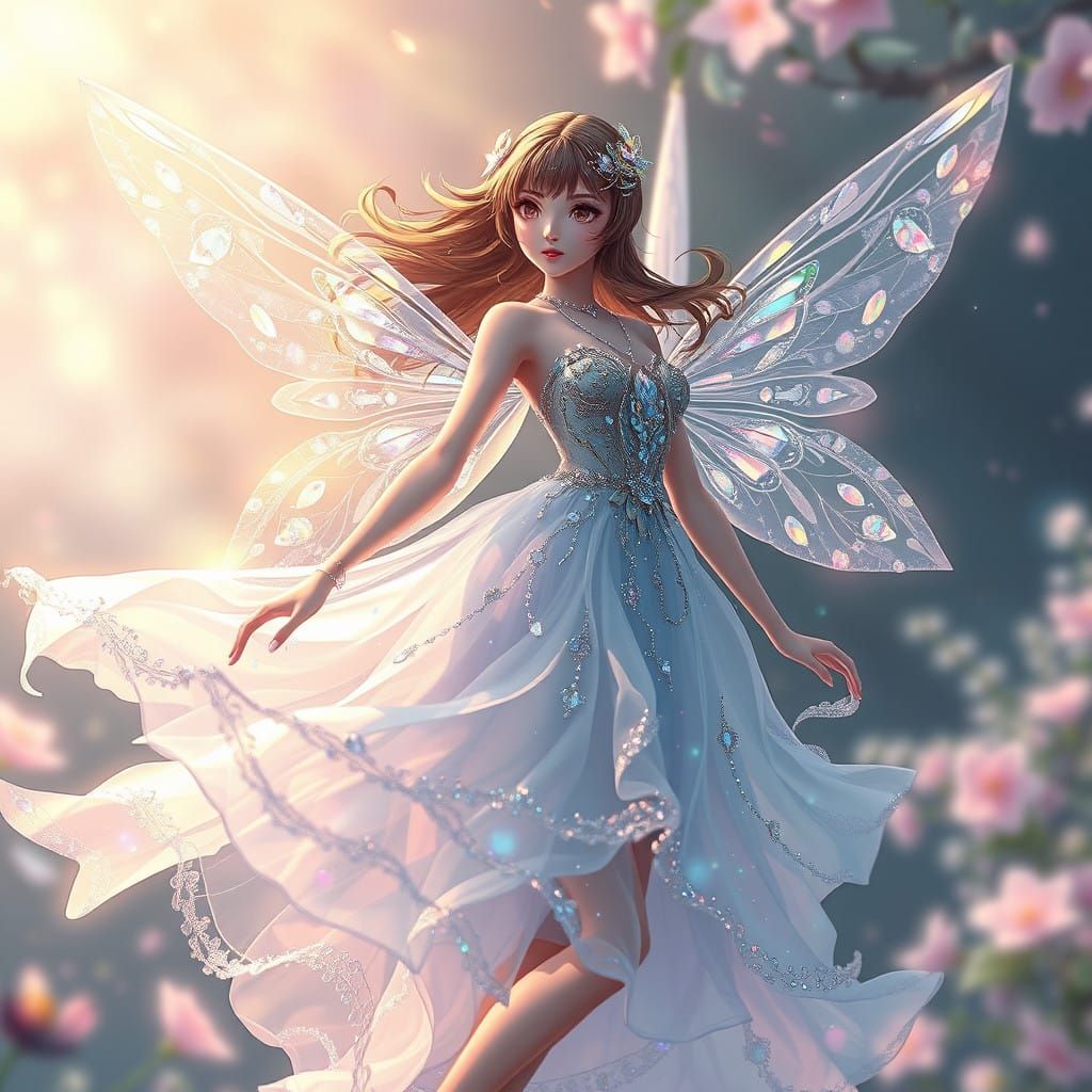 Fairy in Whimsical, Iridescent Gown Blows in Wind