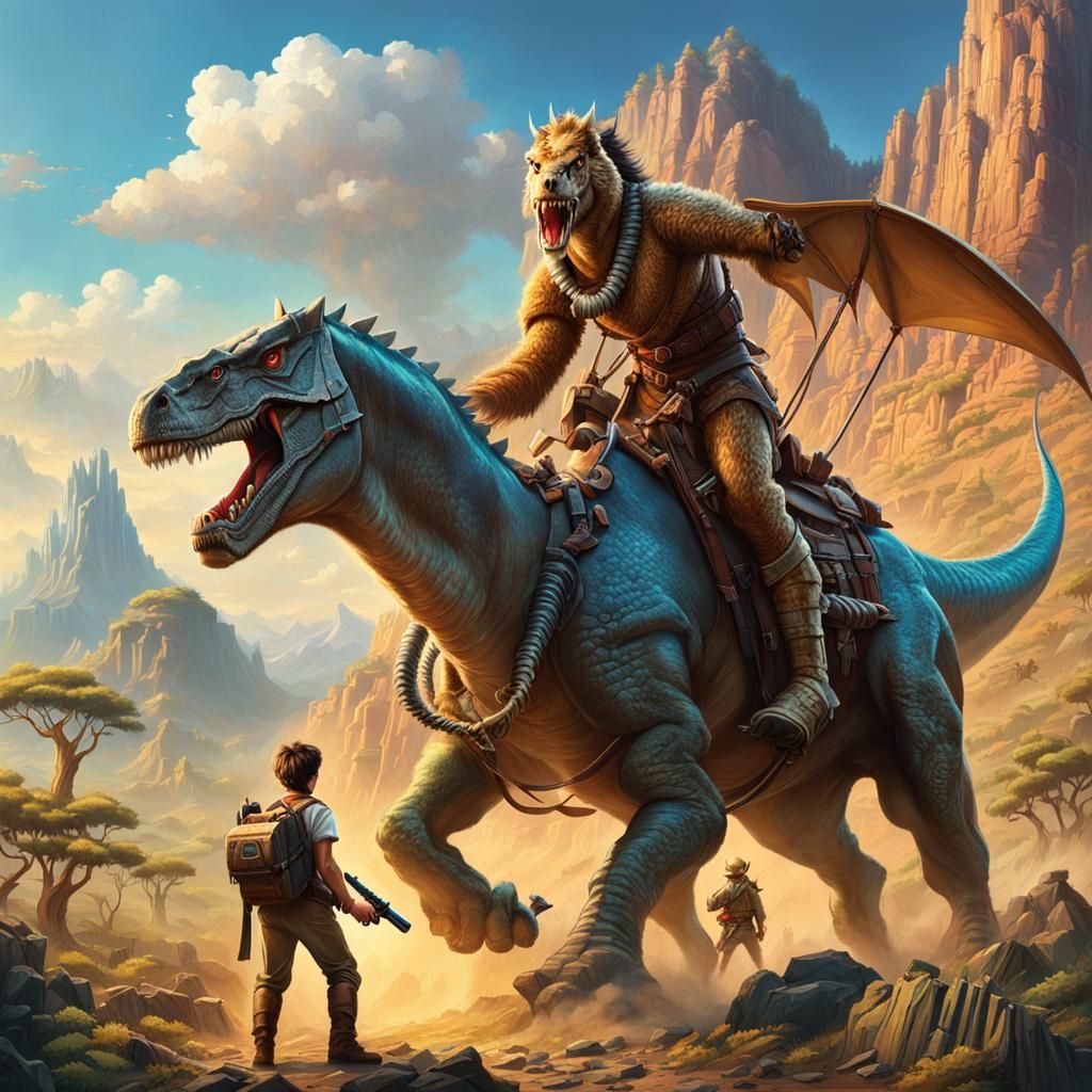 Stone Age Teen Rides Dinosaur in Dark Fantasy Art
