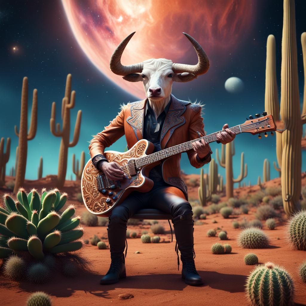 Longhorn Steer Plays Guitar in Space Desert