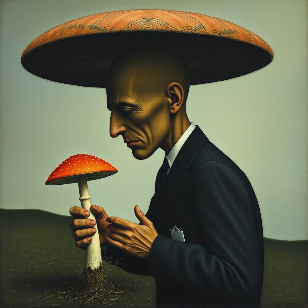 Magritte's Surrealist Masterpiece with a Majestic Mushroom
