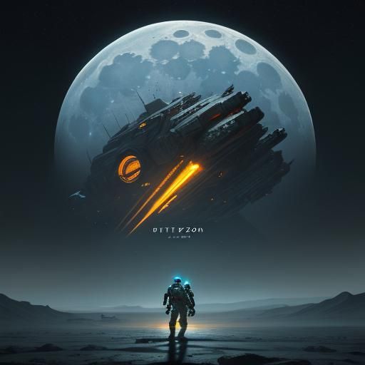 Astronauts on Moon Gaze at Spaceship: Digital Art