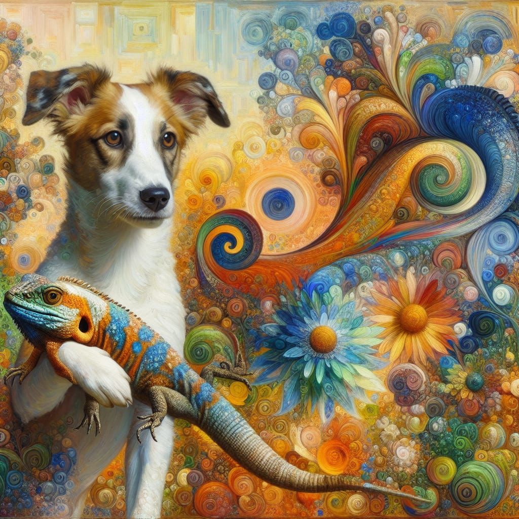 Dog Hugging Lizard in Abstract Floral Oil Painting