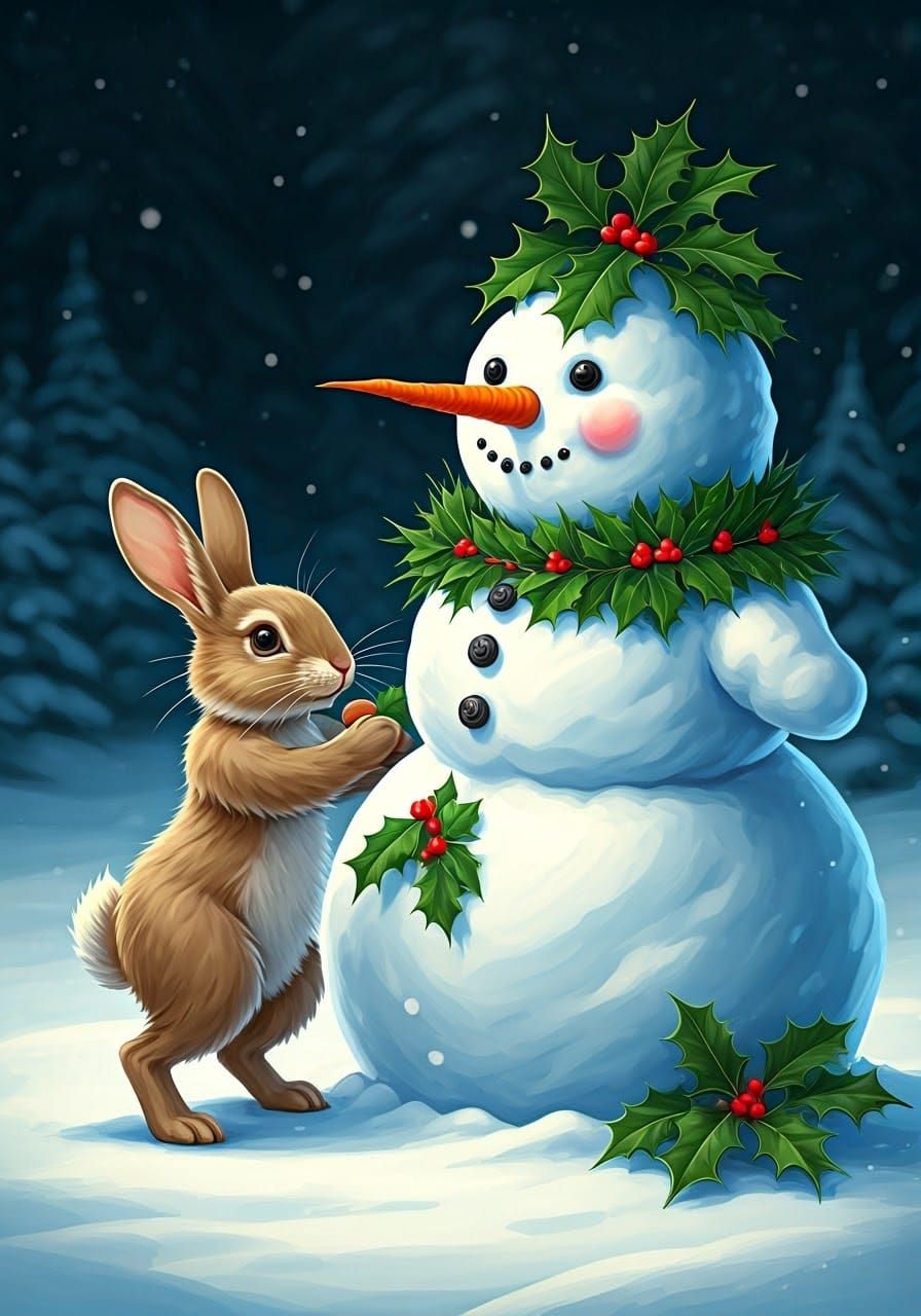 Rabbit Builds Whimsical Winter Wonderland Snowman