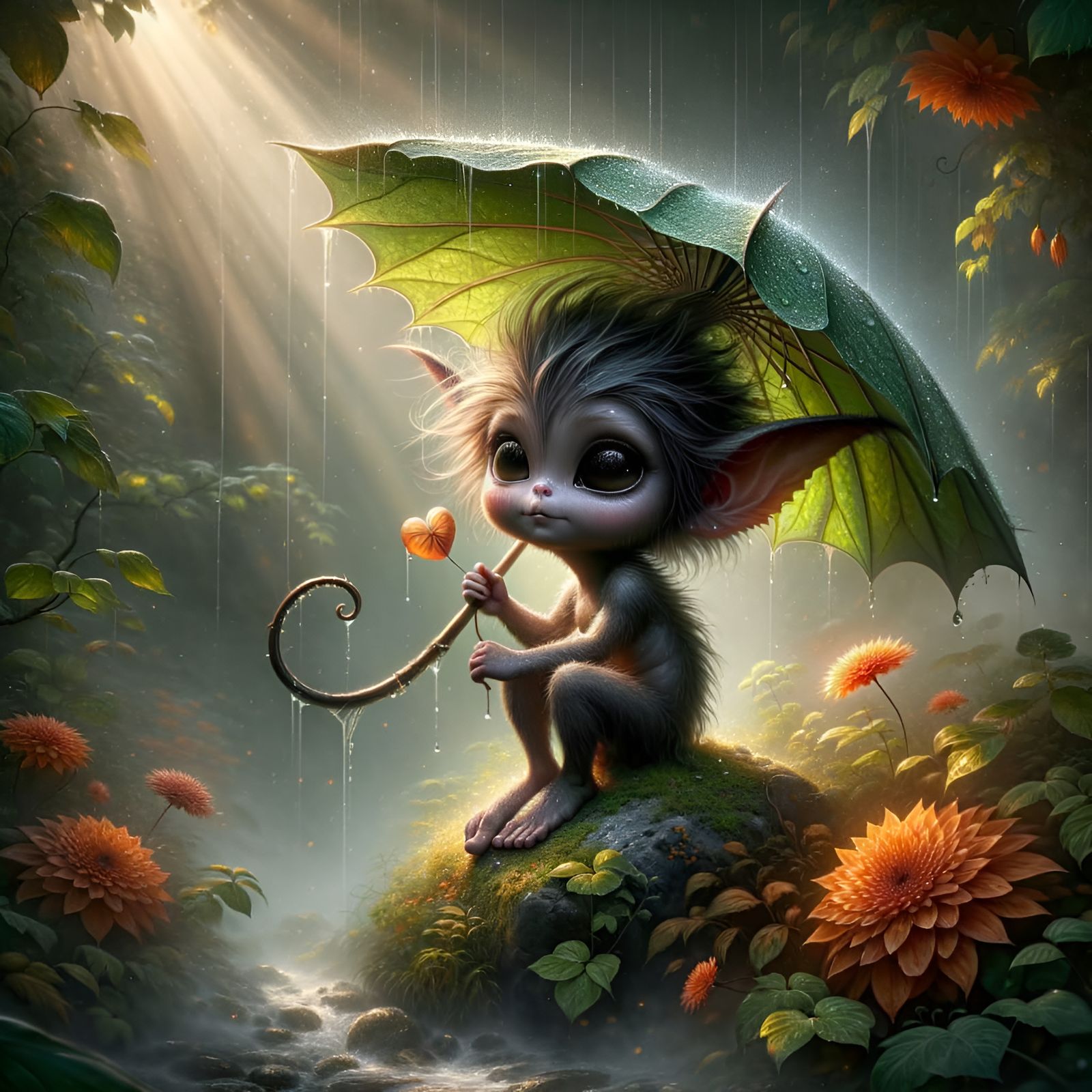 Pixie in Misty Forest with Leaf Umbrella