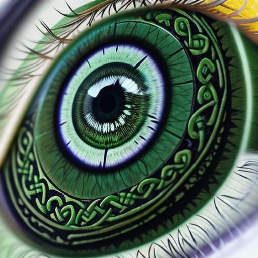 Stunning Celtic lovely green eye iris closeup. The iris is entirely covered with traditional Celtic tattoos.
