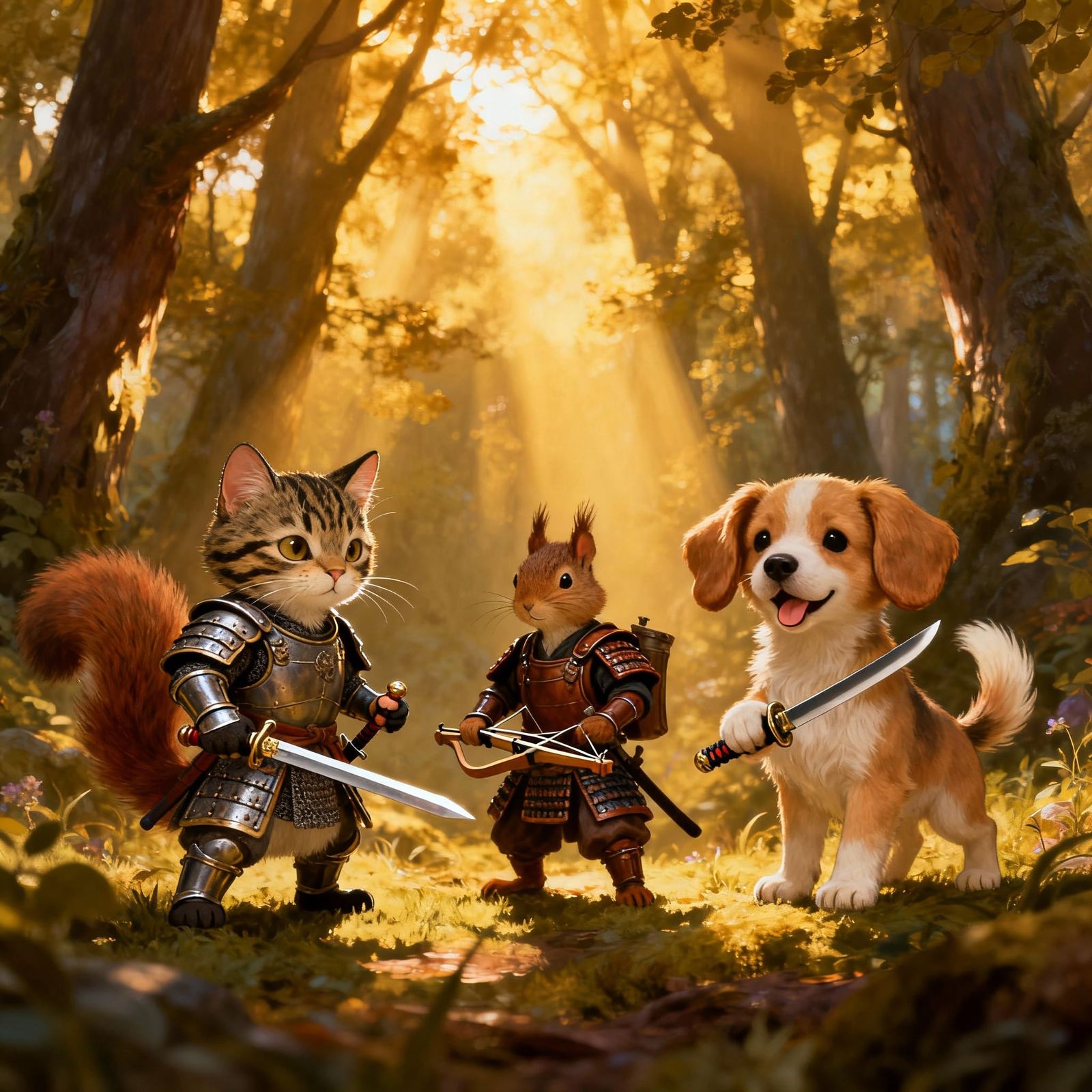 Feline Knight and Companions in Enchanted Forest