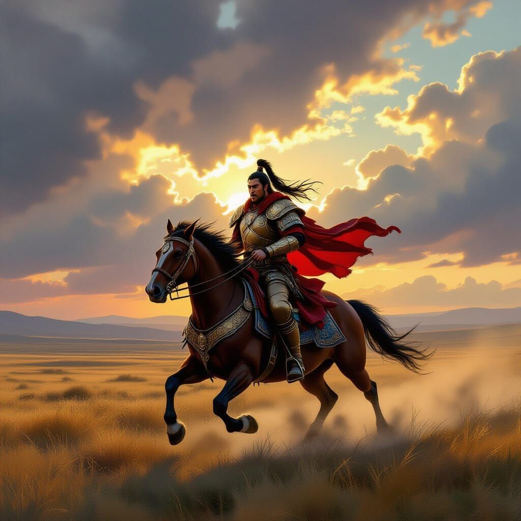 Fearsome Mongol Warrior Charging on Windswept Steppe