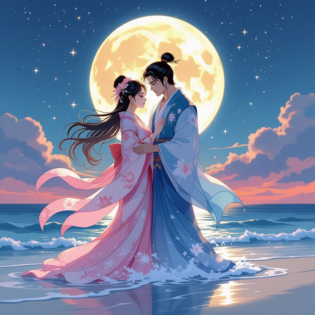 Celestial Sun and Moon Gods Embrace in Manga Style