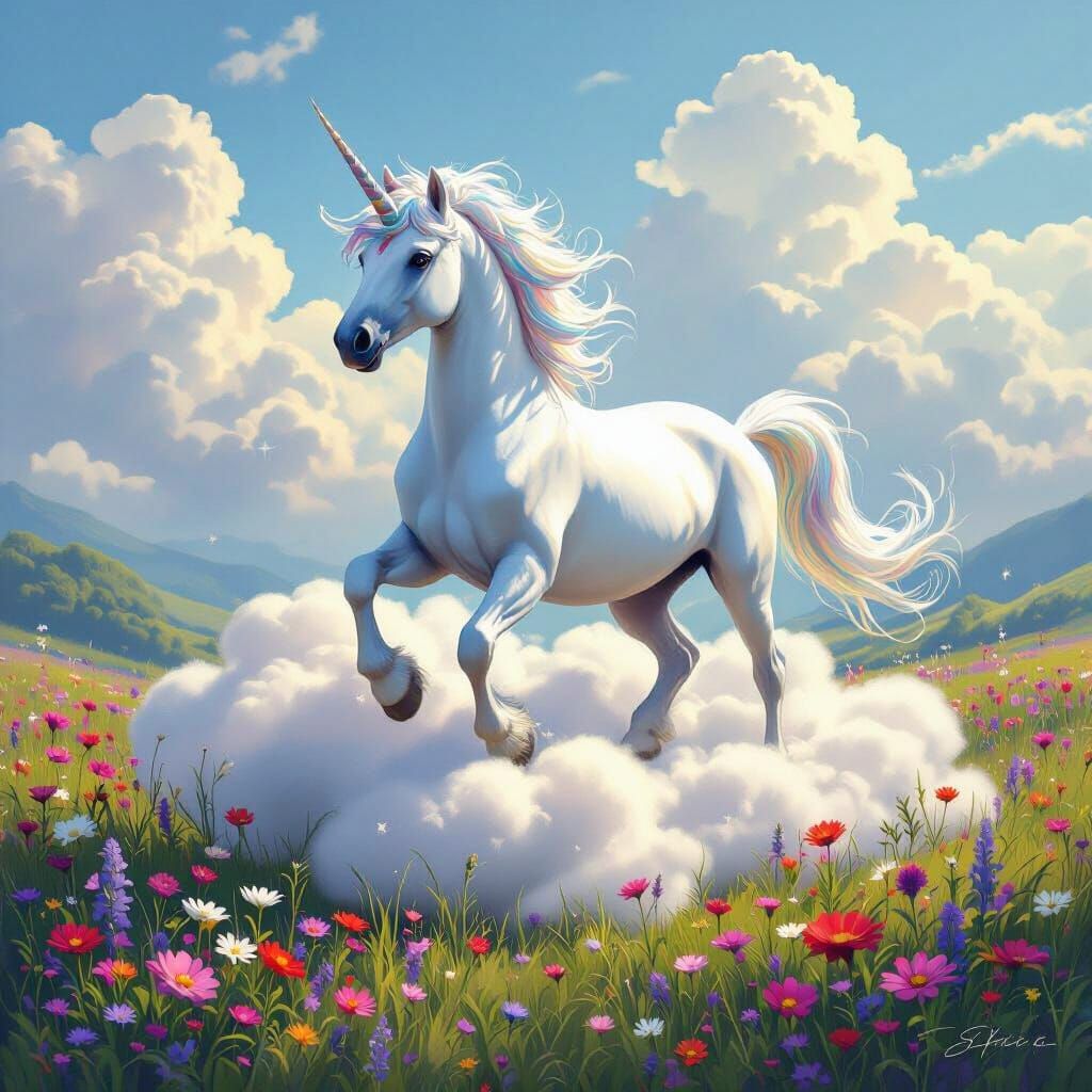 Majestic Unicorn Frolicking on Magical Cloud Pasture