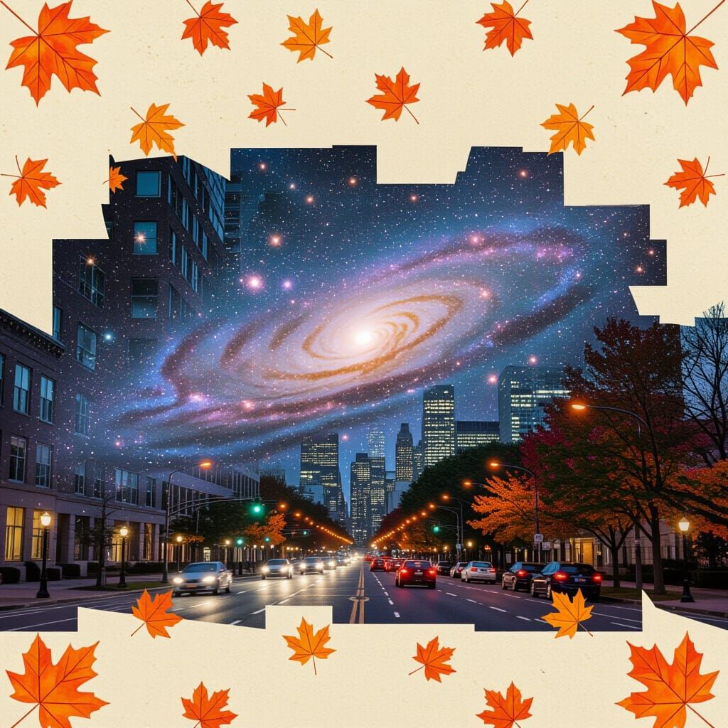 Cityscape Merges with Galaxy in Double Exposure