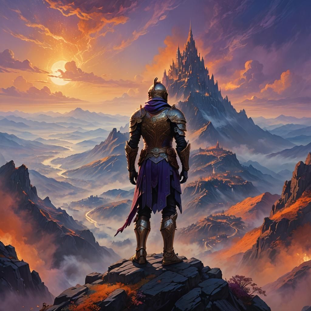 Epic Fantasy Warrior Overlooking Cityscape