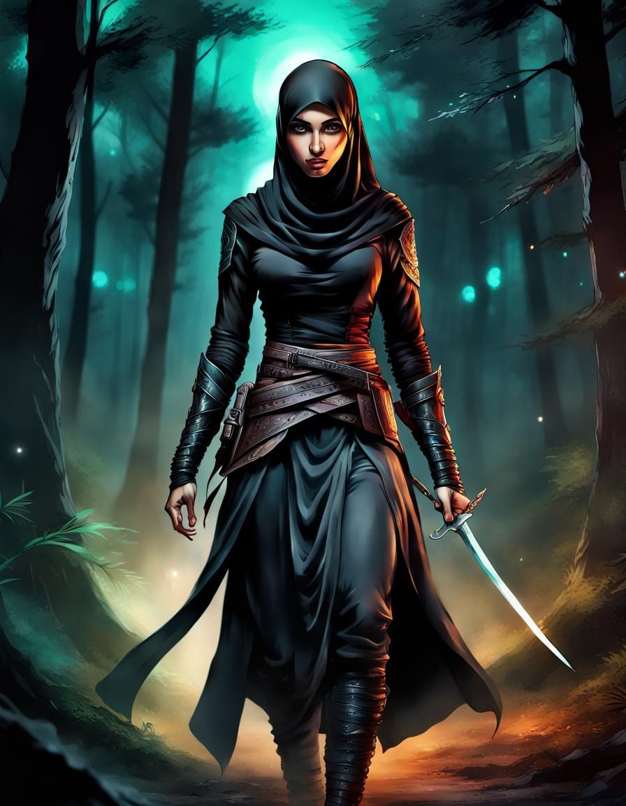 Fierce Hijabi Fighter in Assassin Outfit