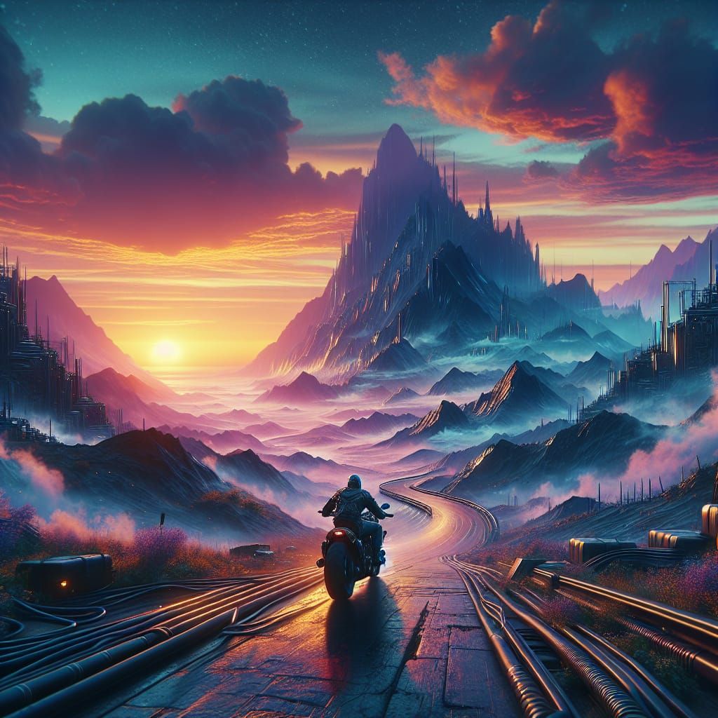 Motorcycle Rider on Open Road: Fantastical Art