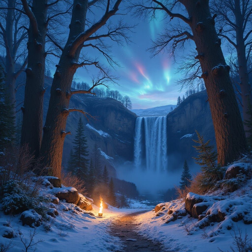 Enchanted Winter Fae-Forest with Iridescent Sky