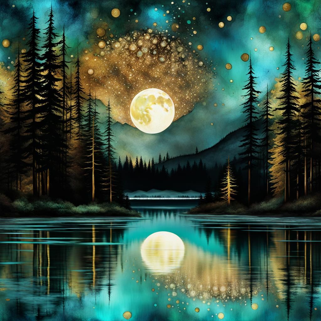 Mystical Moonlight Forest with Lake Reflections