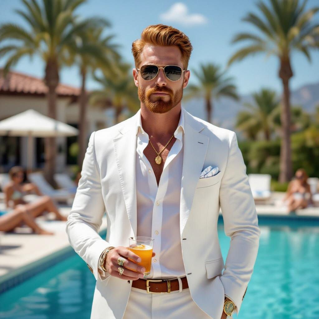 Man in White Blazer by Pool with Palm Trees