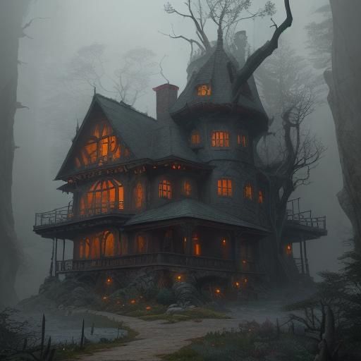 Eerie Mountain House with Scary Woman, Detailed Matte Painti...