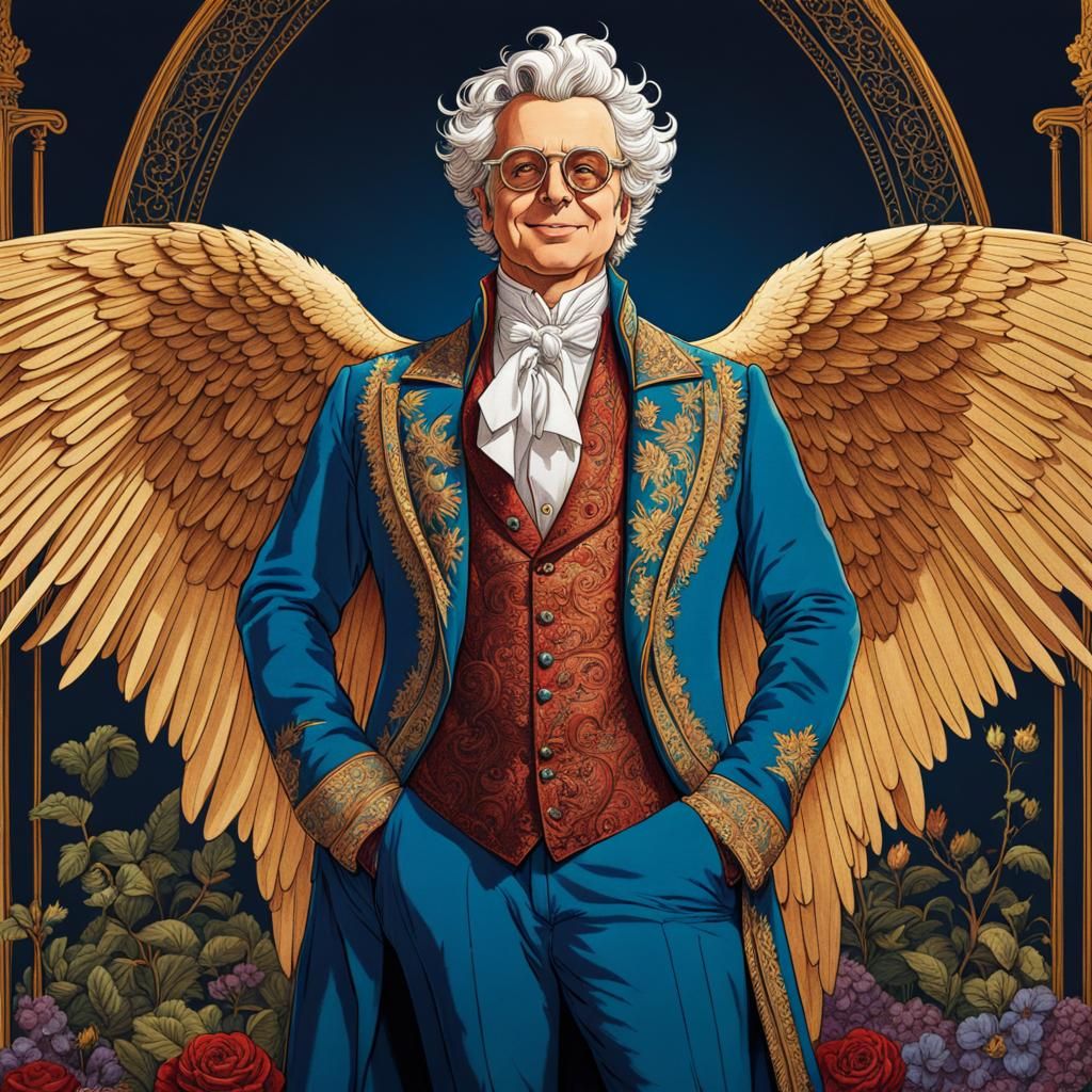 Smiling Angel in 18th-Century Suit, Moebius-Style Illustrati...