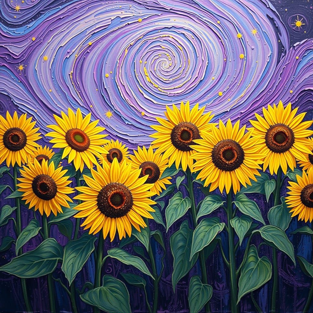 Cosmic Sunflower Garden in Impasto Style
