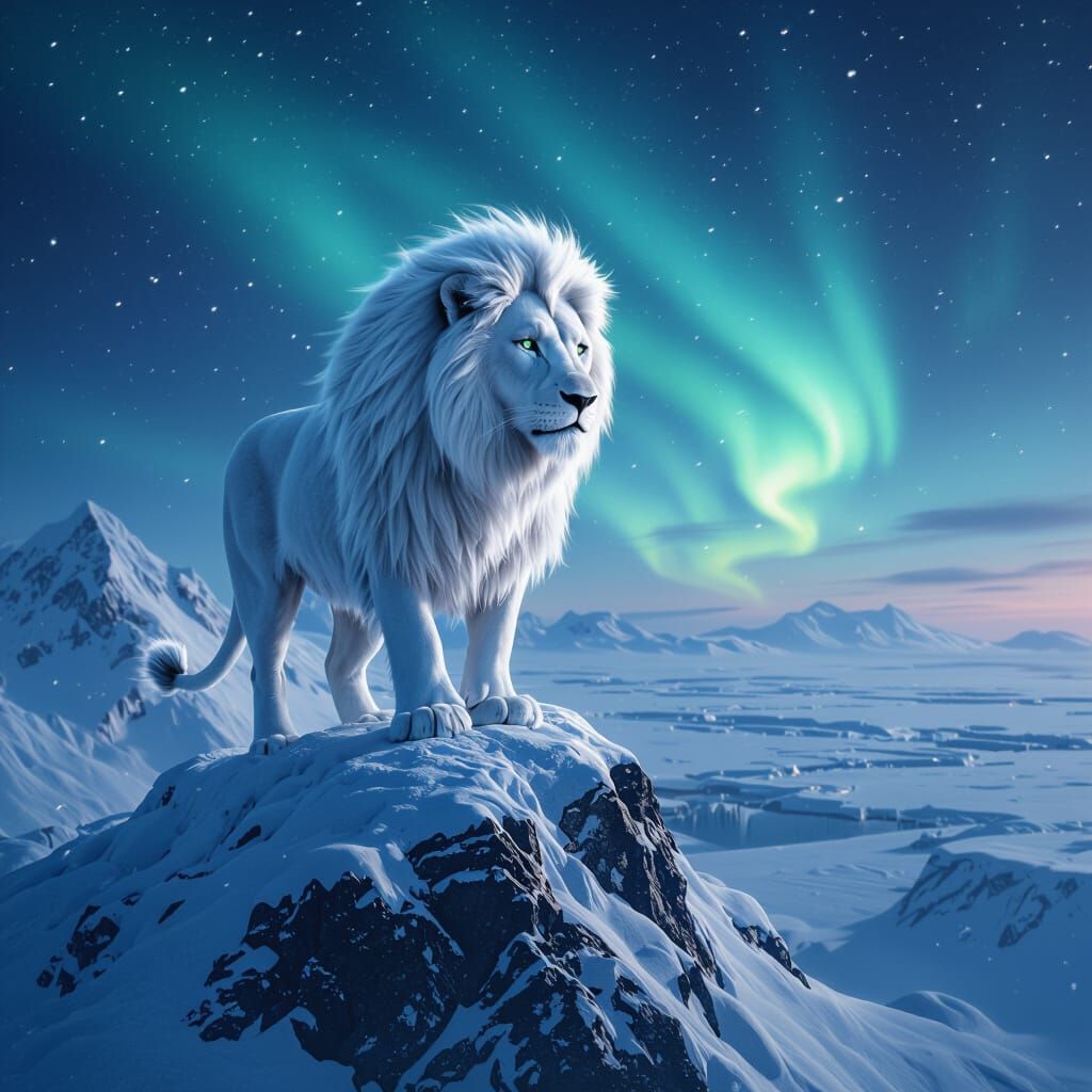 Majestic White Lion on Snowy Peak