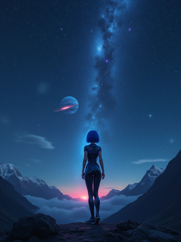 Woman Gazing at Starry Sky in Futuristic Style