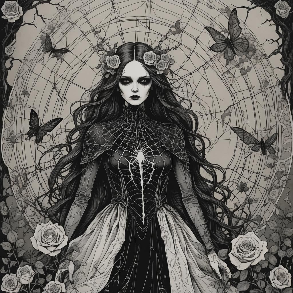 Gothic Surrealism: Monochrome Line Drawing of Mystical Woman