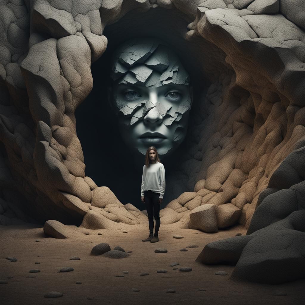 Man in Rock Hole Near Giant Head Statue Ruins