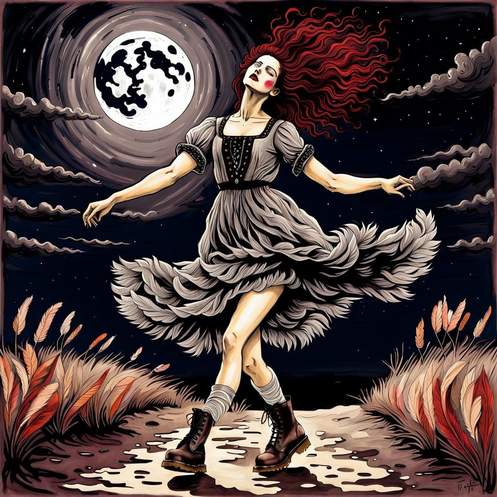 Woman Dancing Under Moon in European Ink Print Style