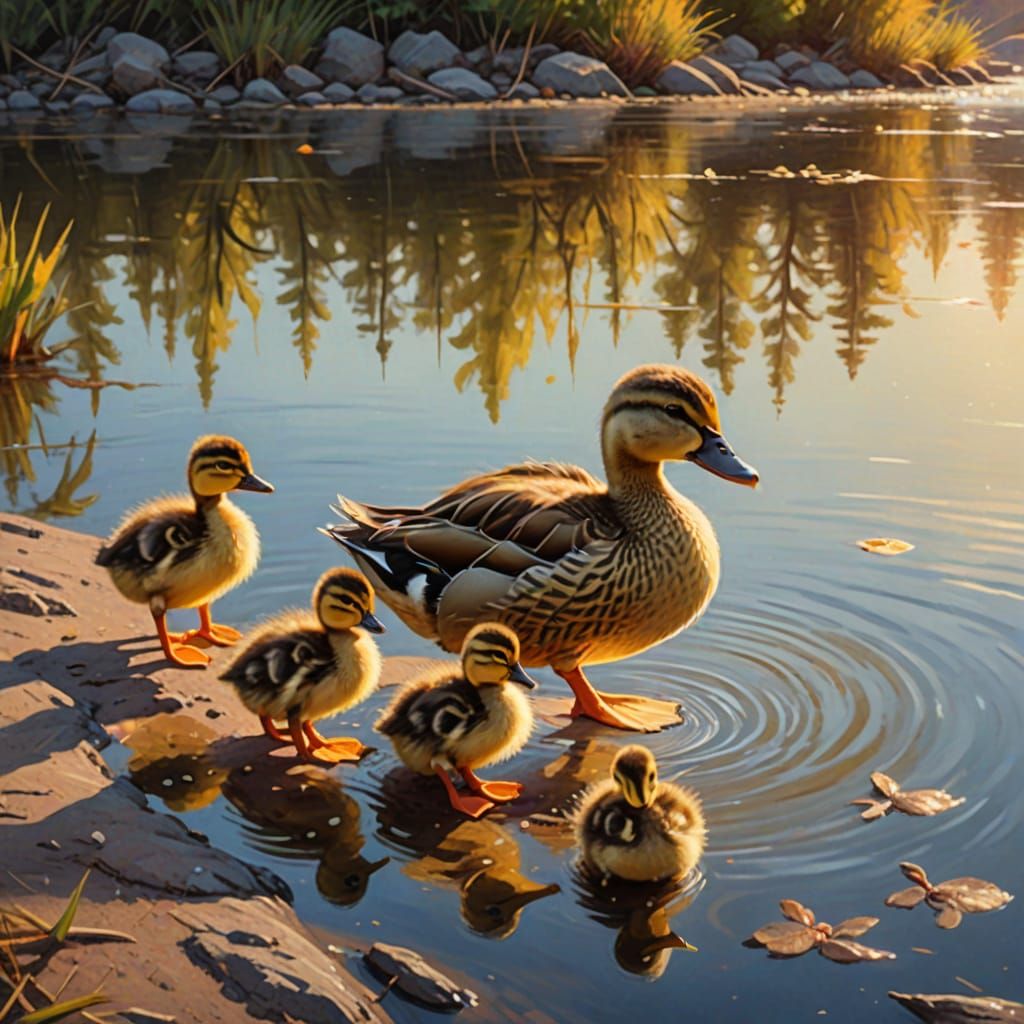 Duckling Dance: A Whimsical Oil Painting