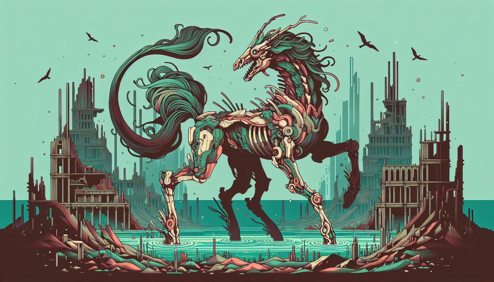 Mecha Centaur Emerges from Sunken City