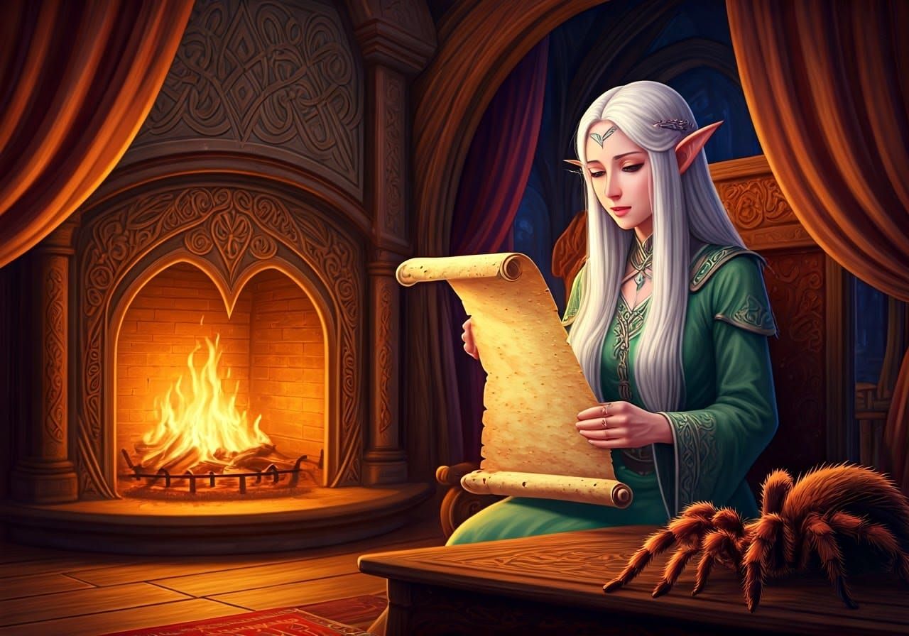 Serenely Elven Woman Reads Ancient Scroll by Magical Firepla...